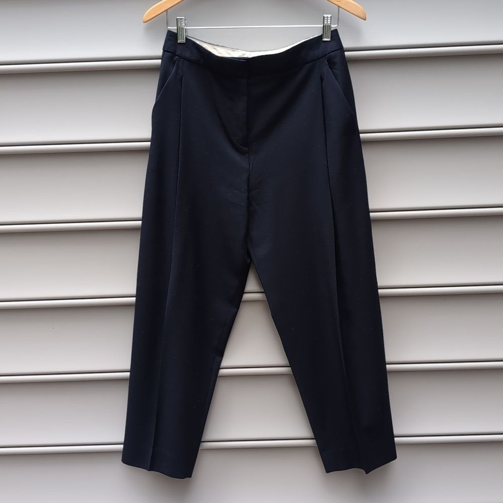 J. Crew 100% Wool Navy Blue Cropped Pleated Wide Leg Tapered Pants Quiet Luxury